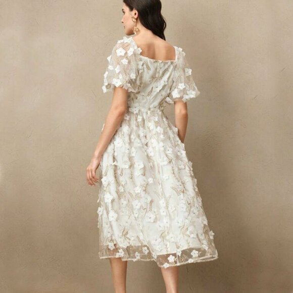 NWT ANEWSTA FLORAL WHITE GOLD ROMANTIC MIDI DRESS ELEGANT ETHEREAL BLOOMCORE MED - Picture 3 of 10